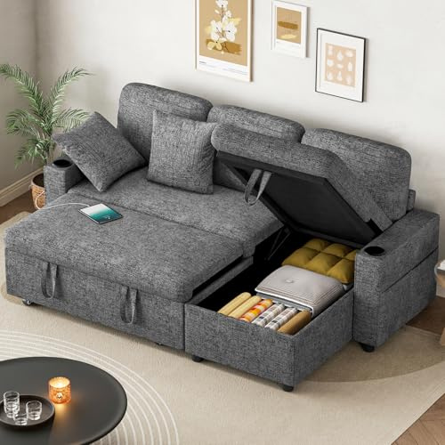 Corner Sofa Bed, L-Shaped Convertible Sleeper Sectional Sofa Bed with USB & Type-C Ports, Storage, Cup Holders and 2 Cushions, 3 Seater Chenille Pull Out Couch Bed for Living Room, Bedroom, Grey