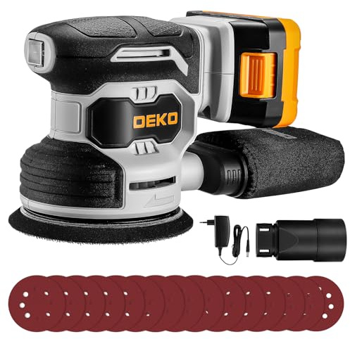 Levigatrice Orbitale a Batteria: DEKOPRO Levigatrice Rotorbitale con 1 Batteria 2000mAh, Orbitale per Legno da 125 mm, 13000 RPM, con Sacchetto per la Polvere e 15 Fogli di Carta Vetrata