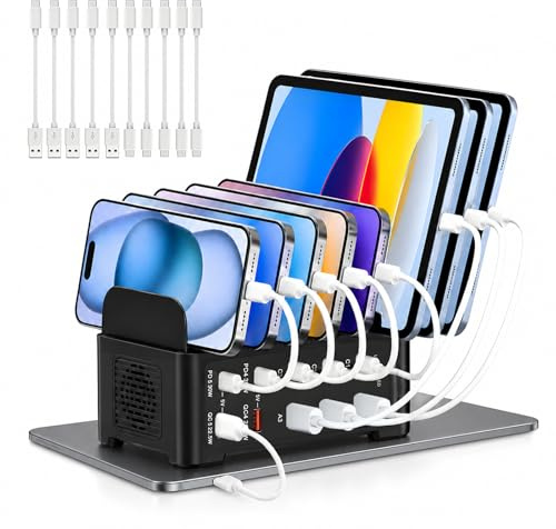 Estación de Carga para Múltiples Dispositivos, Cargador de 10 Puertos USB C + USB A 120W, Estación de Carga Rápida con Ventilador de Enfriamiento, Organizador de Carga para Teléfono Móvil, Tableta