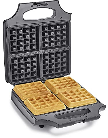 bella Waffle Iron - 4 Square Belgian Waffle Maker, Non-stick Extra Large Plates for Easy Cleanup - Compact Design, Stainless Steel, Black, 1400W
