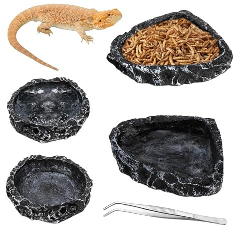 Frcctre Reptilien-Futterschale mit Futterzange, Harz, Reptilien-Wasserschale, Futternapf, Terrarium, Schüssel für Leopard, Gecko, Eidechse, Schildkröte, Frosch, Bartdrache, Chamäleon, 4 Stück