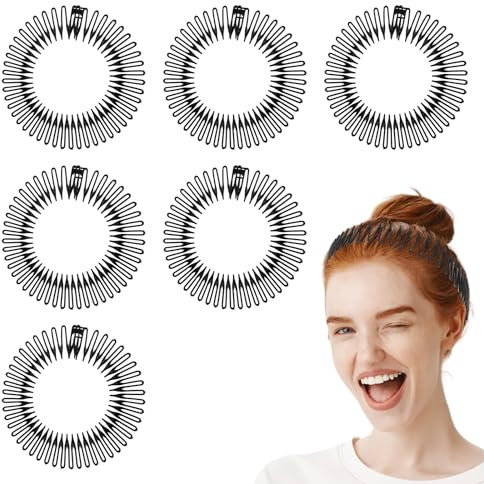 COMNICO 6 diademas circulares elásticas de plástico flexible con dientes para mujeres y niñas (negro)