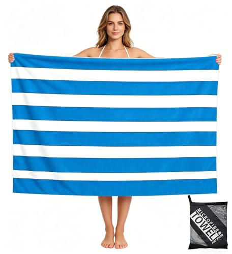Large Quick Dry Microfibre Beach Towels for Adults,160X90cm Double Sides Blue Stripe Bath Towel Travel Towels with Pockets,Lightweight Beach Towel for Women Men Sun Lounger Travel Swim Holiday Sport