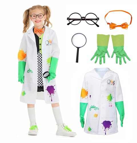 Wbesty Costume da scienziato pazzo per bambini con montatura per occhiali, guanti con cravatta, occhiali con lente d'ingrandimento, 5 pezzi, cappotto da laboratorio per bambini per Halloween
