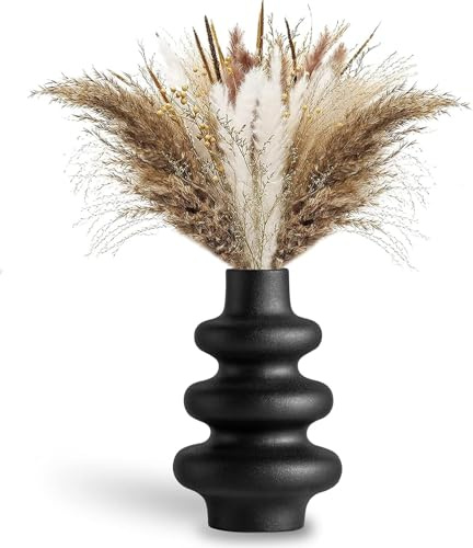 Modern Dried Flower Vase | Tall Ceramic Wavy | Round Black Vase for Pampas Grass | Boho Home Decor Centerpiece | Wedding - Dinner Table - Living Room - Office & Bedroom