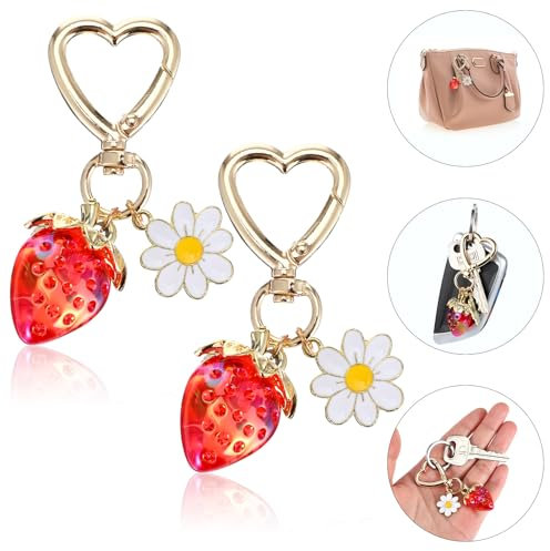 AOZUO 2 Stück Süßer Erdbeer Schlüsselanhänger,Erdbeer Taschenanhänger,Erdbeer Dekor Schlüsselanhänger Zubehör für Geldbörse Geschenk