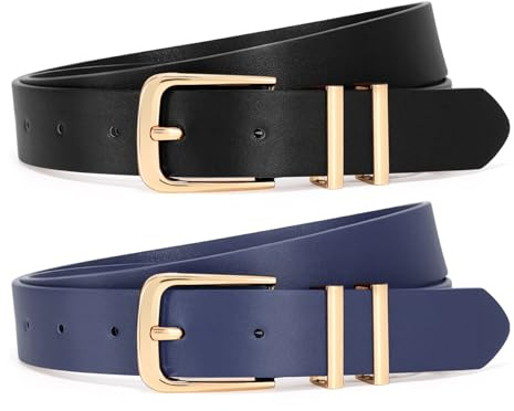 VONMELLI Cinturón para mujer, 2 unidades, 2,5 cm, de piel, con hebilla dorada, para vaqueros y ropa de negocios (negro/marrón), 02-negro+azul marino, XL:Passform Taillenumfang 108-118cm
