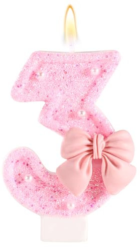 Bougie d'Anniversaire Rose avec Noud, Paillettes Brillantes Perles Bougies Forme Chiffre Joyeux Anniversaire Décorations Gâteaux Parfaites pour Fête Mariage Remise Diplôme(Numéro 3)