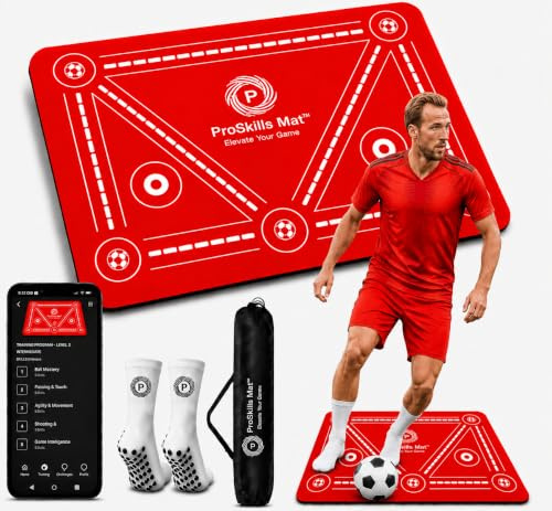 PROSKILLS Football Training Mat – Structured Video Training with 4 Skill Levels & Challenge Drills – XL 90×60cm Non-Slip Soccer Skills Mat with Grip Socks & Carry Bag