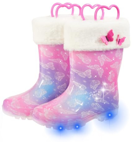 FUNCOO PLUS Toddler Rain Boots Kids Light up Snow Boots Boys Girls Waterproof Winter Boots with Removable Warm Lining, Toddler Size 9, Butterfly