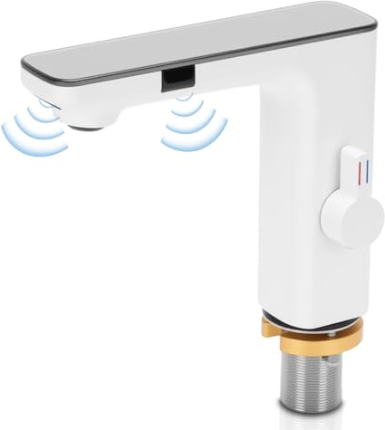 Gugxiom Rubinetto per Bagno Senza Contatto, Rubinetto Automatico con Sensore, Display Digitale, Miscelatore Acqua Calda e Fredda, Cartuccia in Ceramica, Rubinetto per Bagni, Cucine, Gabinetti (Bianco)
