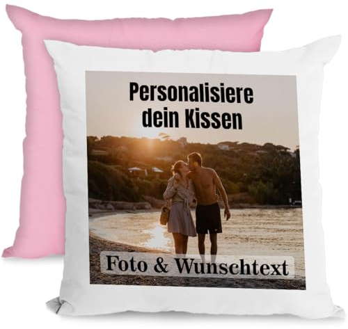 Personalisiertes Kissen 40x40 cm mit Foto & Kissenfüllung – Individuelles Fotokissen mit Bild – Personalisiertes Geschenk für Frauen, Männer & Freundin – Dekokissen & Kuschelkissen, Weiß/Rosa