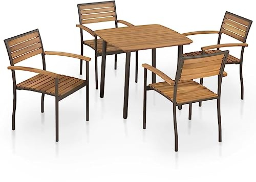 JHQHSM Gruppo da giardino in legno massello di acacia e acciaio, con 1 tavolo e 4 sedie, impilabile, per esterni, terrazza, giardino, cortile, look rustico, durevole, 5 pezzi
