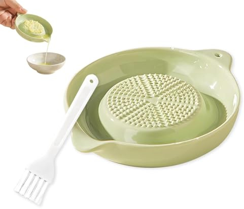 Rallador de cerámica, rallador de jengibre, rallador de ajo, rallador de cerámica con cepillo, para la familia, cocina, puré de manzana, limón, jugo de jengibre, diámetro 9 cm, altura 2 cm, verde