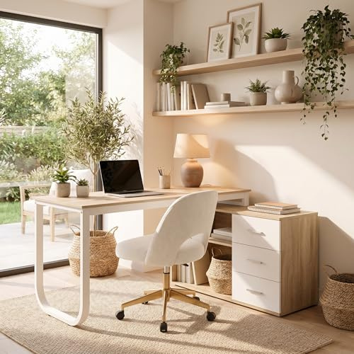 DEZAGCE White L Shaped Desk, Reversible Computer Desk with Storage Drawer, Adjustable Shelf, Corner Desk for Home Office, Study, Gaming, 140CM