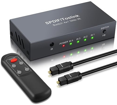 eSynic Digital Optical Audio Switcher Professional 4X1 Optical Audio Switcher Toslink Audio Switcher Box with IR Remote Control Supports PCM2.0 DTS Dolby-AC3 Compatible with PS3 PS4 HDTV etc