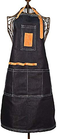 Esschert Design Denim Gartengeräteschürze aus Denim (80% Baumwolle/20% Polyester)/Schweineleder/Metall, 64,5 x 1 x 97cm,