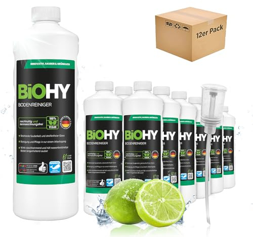 BiOHY Bodenreiniger (12 x 1 Liter) + Dosierer | Konzentrat für alle Reinigungsgeräte und alle Hartböden | angenehmer Geruch und streifenfreie Reinigung | ideal für Laminat, PVC & Stein