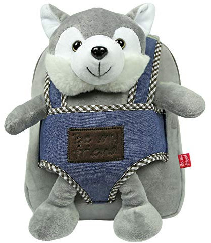 PERLETTI Kleiner Plüsch-Rucksack für Kinder, Mädchen, Sohn, 3 4 5 Jahre, wendbar und Kuscheltier, abnehmbar, für Kindergarten, weiche Tasche, für Kleinkinder – 22 x 25 x 3 cm, Husky, 22x25x3 cm,