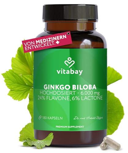 Vitabay Ginkgo Biloba 6 000 mg hög dos – 180 ginkgo kapslar VEGAN | Kapslar med 24 % flavone och 6 % lactone – hög doserad vegansk och laboratorietestad