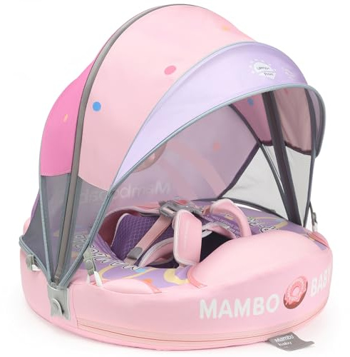Mambobaby Float with Canopy and Tail New Upgraded Non-Inflatable Baby Pool Float Mambo Float Swim Trainer Solid Infant Swim Float Adjustable Pearl Foam Baby Swim Ring
