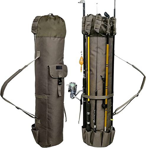 DONQL Fishing Rod Bags Outdoor Fishing Pole Holders Multifunction Camping Portable Canvas Backpack Case Fish Rod Storage Bag Fishing Rod Case Holding 5 Poles & Fishing Tackles (Khaki)