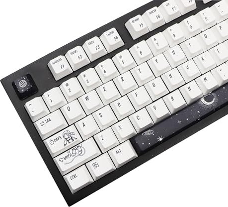 JSJT Weltraum Thema Tastenkappen PBT Weiß Tastenkappen 138 Tasten Kirschprofil Farbstoff Sublimation Custom Tastenkappen geeignet für Cherry MX Switches ANSI/ISO Layout Mechanische Tastaturen