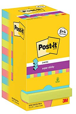 Post-it Foglietti Z-Notes Super Sticky, Collezione Cosmic, Confezione da 8 blocchetti + 4 Gratis, 90 Fogli per blocco, 76 mm x 76 mm, Colori Turchese, Verde, Rosa. Per Appunti, Elenchi & Promemoria