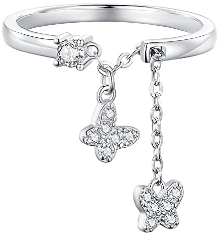 Anello in argento Sterling con farfalla pendente per donne ragazze con zirconi cubici a maglie catena anelli dichiarazione anello di promessa di fidanzamento fasce regolabili delicati regali