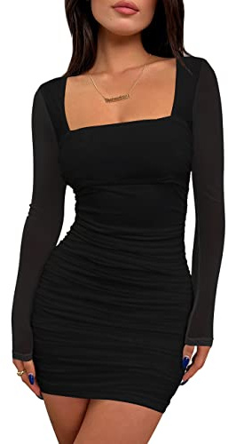 BORIFLORS Women's Sexy Ruched Bodycon Mini Dress Mesh Long Sleeve Club Party Short Dresses, Medium, Black