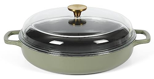 Sur La Table Kitchen Essentials 3.75 Quart Enamel Cast Iron All In One Multi-Purpose Non-Toxic Nonstick Braiser Pan W/Borosilicate Glass Lid - Green