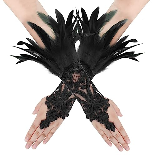 IBLUELOVER Gants de Plumes Dentelle Gants Longs Halloween Gant d'Opéra Vintage Mitaine Manchettes Gant Déguisement Gloves Cosplay Mariage Carnaval Bal Accessoire de Costume Fête Mitaine Gothique Punk