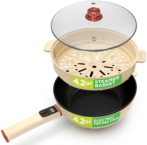 Nutrichef 4L Electric Frying Pan & 4L Steamer | Multifunctional Portable 1000W Non-Stick Pot for Cooking | Durable Heat Safe Handle | Touch Control Panel | Includes a Spatula | White