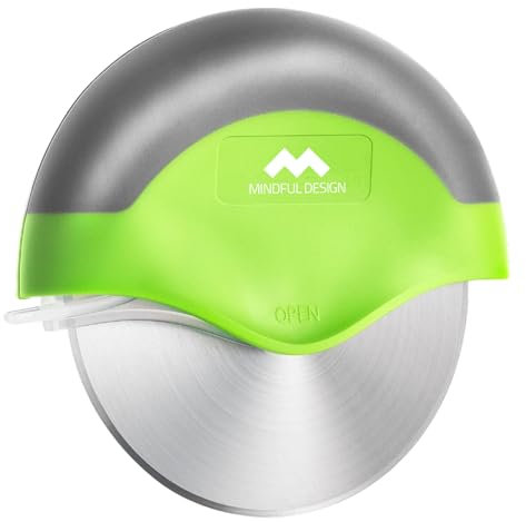 Mindful Design Pizza Cutter Wheel with Protective Blade Cover, Easy to Clean and Dishwasher Safe Ergonomic Pizza Slicer (Green)