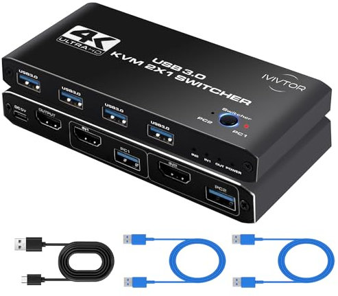 IVIVTOR HDMI KVM Switch: 2 PC 1 monitor 4K60Hz USB Switcher con 4 porte USB-3.0 per la condivisione di tastiera, mouse, stampante, scanner