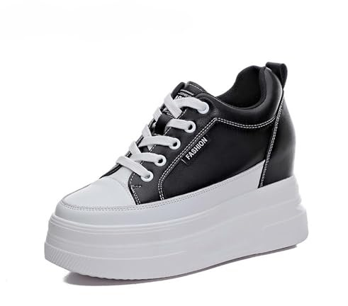MIXSEN Sneakers Donna Alta Zeppa Interna Scarpe da Ginnastica in Pelle Tacco 10CM Plateau Outdoor Tennis Fitness(Bianco-Nero,34EU)