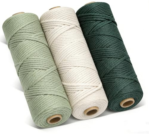 3 Rolls 3mmx100m Cotton Macrame Cord, 4 Strand Twisted, 3mmx300m Natural Cotton Cord for Wall Hanging, Plant Hangers, Knitting, DIY Crafts, Weaving Decoration(Beige+Blackish Green+Flower Green)