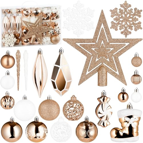 BRUBAKER 128 Stück Premium Christbaumschmuck - XXL Weihnachtskugel Set mit Glitzer Kugeln, Eiszapfen, Diamant Anhänger, Bonbon, Nikolaus Stiefel und Baumspitze Stern - Baumschmuck - Champagner