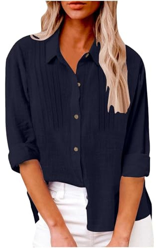 Camisa de lino con botones para mujer, elegante, casual, cuello y manga larga, holgada, para verano, color liso, para el trabajo, M