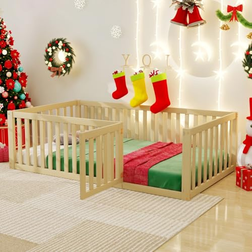 KOMHTOM Lit d'enfant Polyvalent avec Clôture et Porte,Cadre de lit sans Sommier à Lattes(sans Matelas) (Naturel, 90 x 200cm)