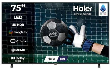 Haier LED 4K UHD H75K85FUX 75 Smart TV, Google TV, Dolby Audio, HDR 10, Telecomando Smart, Google Assistant, Bluetooth 5.1, DBX TV, HDMI 2.1 x 4 [2025]