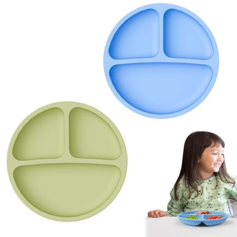 JUGUTA Lot De 2 Assiettes À Ventouse Pour Bébé - Assiettes De Sevrage En Silicone Pour Bébé Avec Ventouse Pour Tout-Petits Et Enfants - Assiette Divisée Antidérapante Pour Chaises Hautes, Plateau Et T
