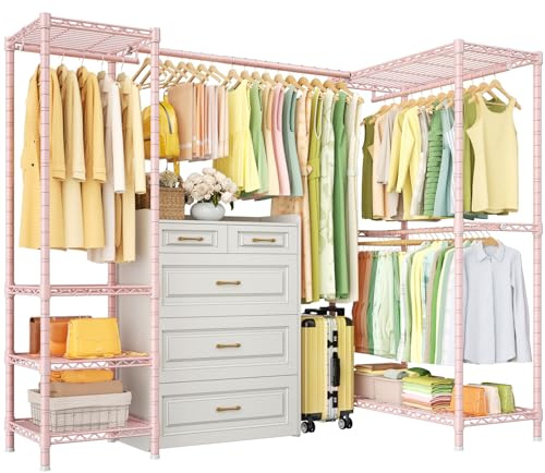 ULIFHOME E10L L-Shaped Clothes Rack for Corner（With Expandable Hanger Rod）Heavy Duty Freestanding Clothing Racks for Hanging Clothes，Portable Garment Rack 58-82W x 30D x 72H，Max Load 900LBS, Pink