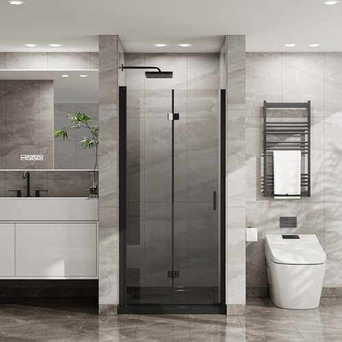 Glass Shower Door, 34“ X 72” Double-Fold Frameless Shower Door, 1/4'' Tempered Clear Glass, Pivot Swing Shower Panel Foldable, Suitable for Small Bathrooms, Black Finish