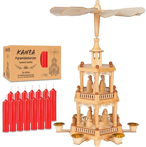 Brubaker Piramide Natalizia con Set di 50 Candele Rosse - Carosello Rotante a Tre Livelli con Figure in Legno Dipinte a Mano - 44 cm Decorazione Festiva - Finitura Naturale
