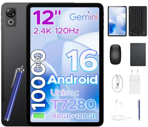 POPUX P12 Tablet 12 Pulgadas, 2.4K 120Hz,48GB RAM + 128GB ROM(TF 2TB),Tablet Android 16, Gemini AI, T7280 Octa-Core, 10000mAh, 13MP+8MP, Face ID, Widevine L1, Tablet con Teclado y Lápiz, Negro