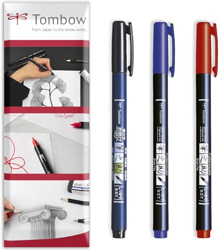 Tombow Fudenosuke Calligraphy Brush Pen - Black, Blue, Red Ink - Pack of 3 In Envelope Gift Packaging