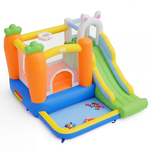 COSTWAY Castillo Hinchable para Niños, Parque Acuático Infantil con Temática Conejo, Tobogán, Piscina de Bolas, Rocódromo, Castillo Inflable para Jardín Patio, 280 x 245 x 193 cm (sin soplador)