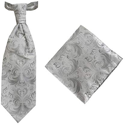 Remo Sartori - Set de corbata Plastron y pañuelo de ceremonia de novio de seda floral, fabricado en Italia, para hombre, gris, Talla única