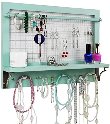 Spiretro Jewelry Organizer, Wall Mount Holder Rack with Hooks, Shelf, and Removable Rod - Earrings, Necklaces, Bracelets, Rings Storage - Wood in Shabby Chic Turquoise